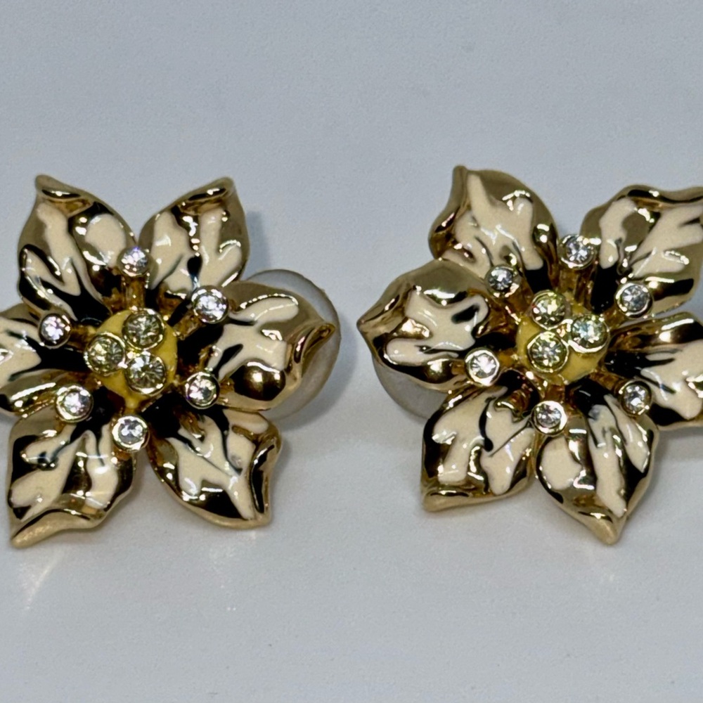 Vintage St. John Enamel Floral Earrings with Swarovski Crystals
